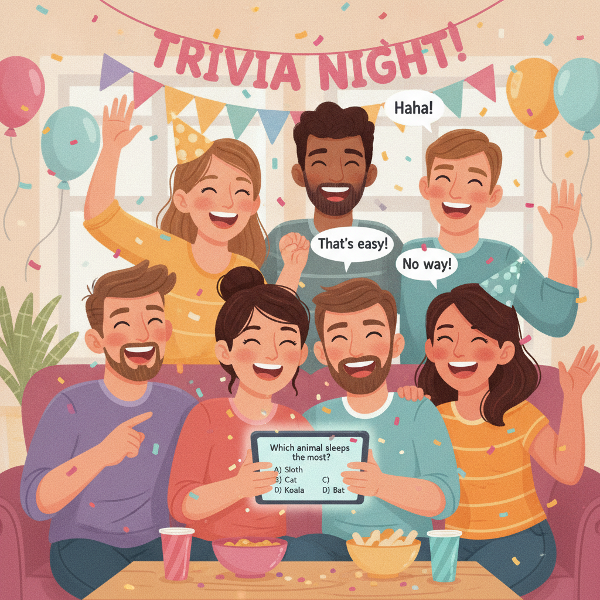 ציור צבעוני של מסיבה עם חברים צוחקים, קונפטי ושאלון בטאבלט, כיף קליל