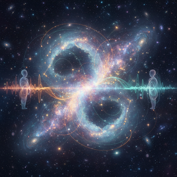 מפה רגשית זוהמת בחלל קוסמי, עם שני צבירי כוכבים מחוברים היוצרים ערפילית משותפת. קווים עדינים מחברים בין כוכבים, המייצגים ניווט בזוגיות. נתיבי אור אמורפיים מראים זרמים רגשיים בין שני צלליות אנושיות.