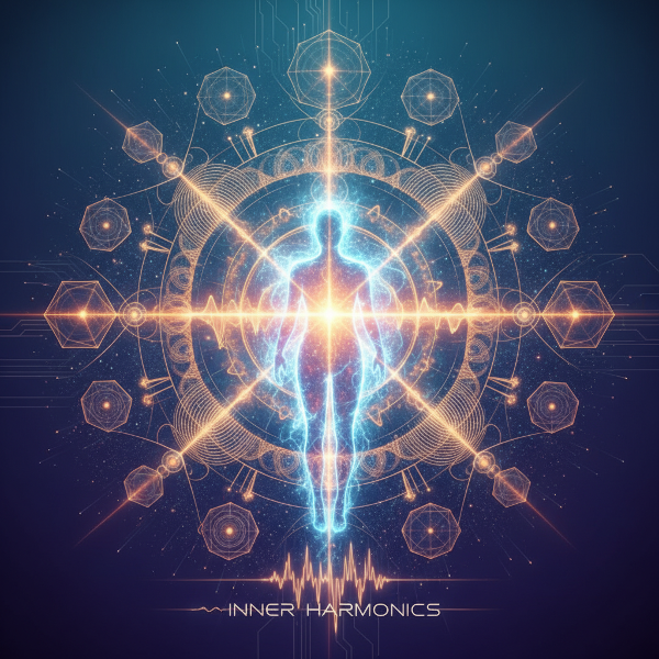 דמות אנושית זוהרת עם דפוסי אנרגיה רוטטים הזורמים החוצה, מוקפת בצורות גיאומטריות מופשטות וחלקיקי אור אתריים, הממחישה את מיפוי התדר האנרגטי הפנימי