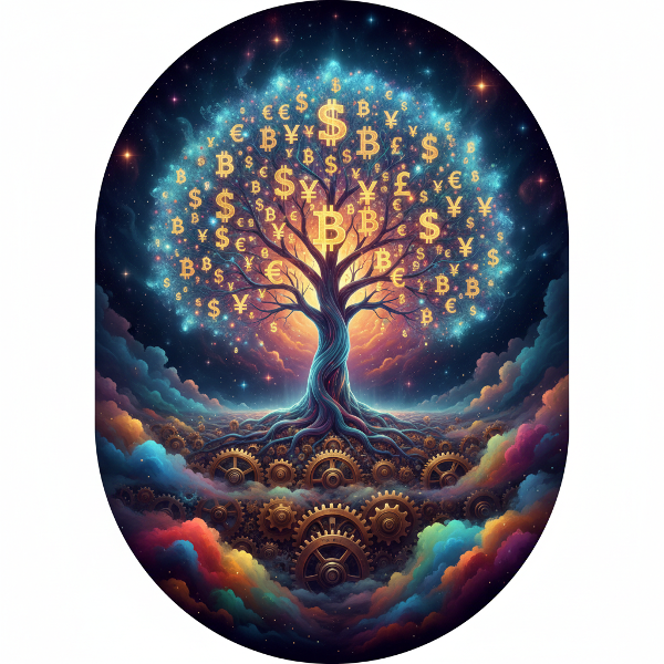 תמונה של רשת עצבית זוהרת בצורת עץ החיים, עם סמלים פיננסיים מוזהבים משובבים בענפיו, שורשים החופרים בנוף תת-מודע של גלגלי שיניים ורגשות, מוקפים בהילה קוסמית.