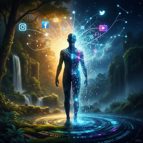 דמות אנושית עומדת בצומת בין עולם פיזי צבעוני לבין זרמי נתונים דיגיטליים נוצצים, כשרגל אחת נטועה במציאות ורגל שנייה מתמוססת לפיקסלים, המחישה את טשטוש הגבולות בעידן הטכנולוגי.