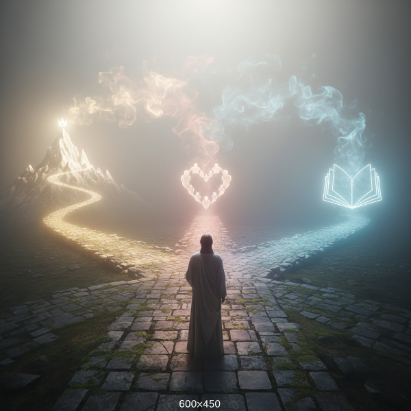 דימוי סמלי של אדם בצומת דרכים עם שלוש שבילים זוהרים המייצגים שליחות, הישגים וחמלה, באווירה של התבוננות פנימית.