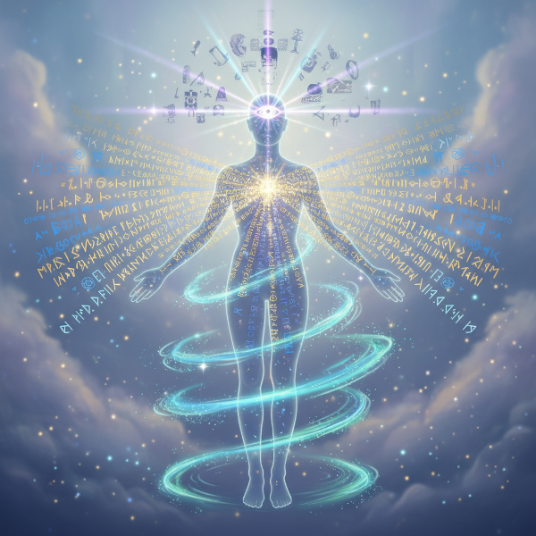 איור מיסטי ואתרי של שלושה סוגי קסם פנימי - מילולי, קינטי ונבואי - הקורנים מצללית אנושית מרכזית באווירה קסומה.