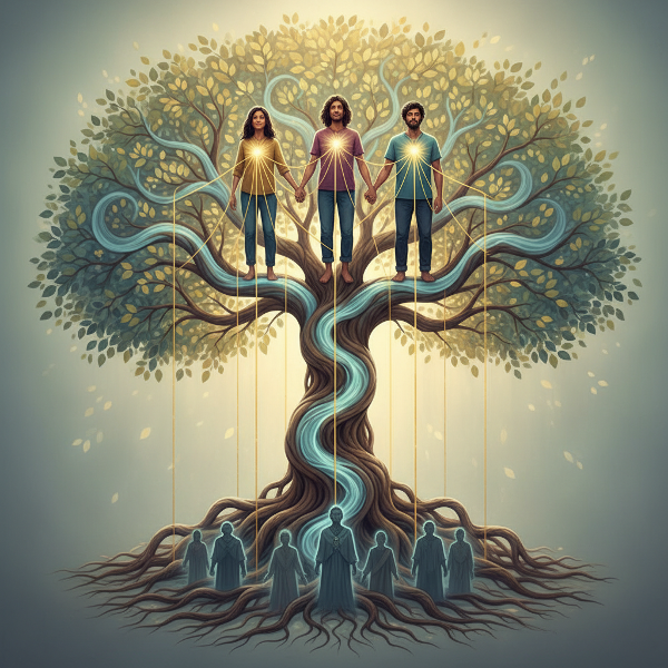 עץ משפחה סמלי עם שורשים וענפים שזורים, המציג דפוסים בין-דוריים הזורמים כמו נהרות. דמויות בוגרות מודרניות בחלק העליון, מחוברות בחוטים זוהרים לדמויות אבות צלולות למטה. אור רך ותקווה חודר דרך הענפים.