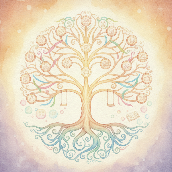 איור עדין של עץ משפחה עם שורשים וענפים שלובים, באווירה חמה ומרפאת, המסמל את הקשרים הבין-דוריים וההבנה של דפוסים משפחתיים.