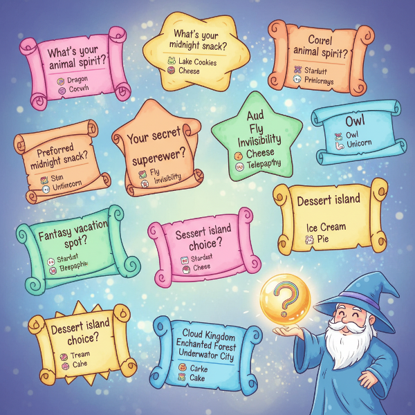 מסך מבחן מקוון קסום עם 15 כרטיסי שאלות צבעוניים מרחפים על רקע קסום, וויזר מחייך בפינה אוחז בכדור תוצאות זוהר.