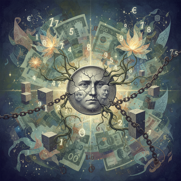 איור סוריאליסטי הממחיש את הכסף כסיפור חיים, עם דמות המשתקפת במטבע סדוק שממנו עולים דפוסים משפחתיים וצללי ילדות כמו דמויות רפאים משטרות כסף.