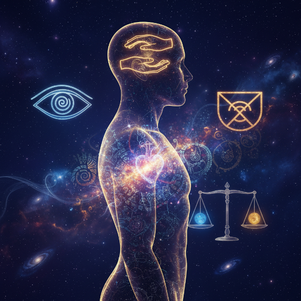 דמות אנושית זוהרת עם דפוסי אור מורכבים המייצגים את הקסם הפנימי, מוקפת בסמלים של אינטואיציה, העצמה ואיזון על רקע קוסמי.