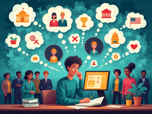 אדם לוקח מבחן מקוון, עם בועות מחשבה המציגות תרחישים חברתיים שונים וסמלים של חשיבה שמרנית ופתוחה.