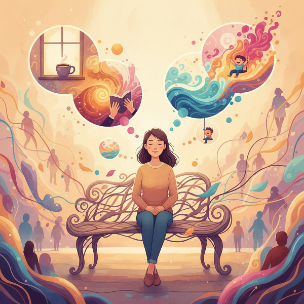 תמונה הממחישה את הרעיון של המבחן: רגעים שגרתיים בחיי היום-יום הופכים לחוויות רגשיות עמוקות ולקשרים בין-אישיים, בצבעים חמים ואווירה מעוררת מחשבה.