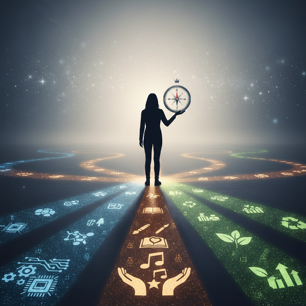 אדם עומד בצומת דרכים עם נתיבי קריירה מוארים ומסומנים, מחזיק מצפן שמראה כיווני התפתחות מקצועית ואישית.
