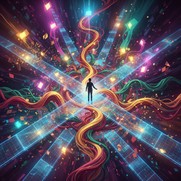 אדם עומד בצומת דרכים משתנה, שבו שבילים מתעקלים ומשנים צורה, חלקם מתוכננים וחלקם ספונטניים, עם קשת צבעים המייצגת מציאויות שונות.