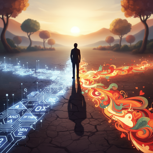 אדם עומד בצומת דרכים, כששביל אחד מואר בסמלים לוגיים והשני זורם ברגשות צבעוניים, והצל שלו מתפצל בין השניים כדי לסמל איזון בקבלת החלטות.