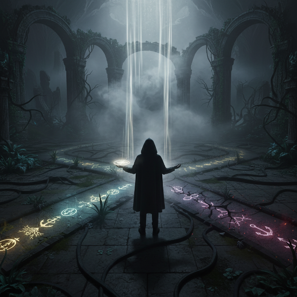 אדם עומד בצומת דרכים עם שבילים אפלים המייצגים לחצים נסתרים, שביל אחד זוהר בסמלי חוסן, אחר מתפורר עם רגשות מודחקים, ושלישי מתעמעם לערפל. אור שמימי זורם על מצפן בידו.