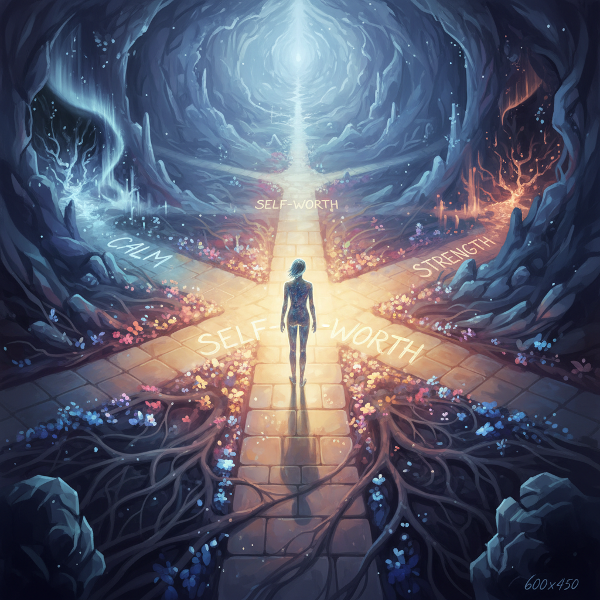 דמות עומדת בצומת דרכים בתוך תודעתה, שבילים זוהרים מובילים למשאבים פנימיים כמו ערך עצמי, רוגע וכוח. סגנון סימבולי ואוורירי.