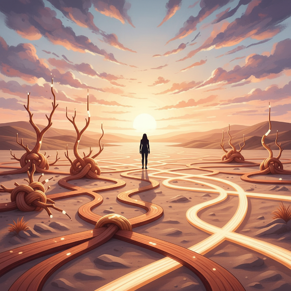 דמות עומדת בצומת דרכים של שבילים זוהרים ומחוברים, חלקם מסובכים וחלקם חזקים, המסמלים דפוסי יחסים וסגנונות התקשרות בנוף מופשט ושליו.