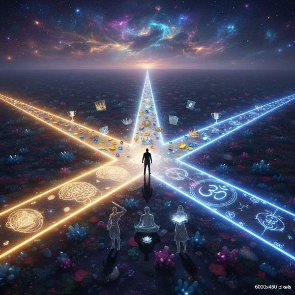 אדם עומד בצומת דרכים זוהרות בנוף סוריאליסטי, כל דרך מייצגת סוג אחר של מוטיבציה פנימית.