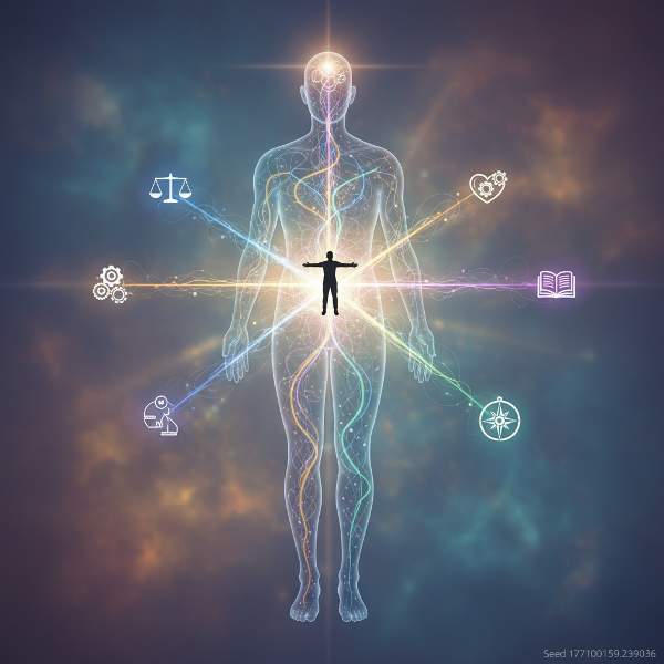 דימוי סמלי של אדם העומד בצומת דרכים זוהרות בתוך סילואטה אנושית שקופה, המייצג את הכוחות הפנימיים והבחירות בחיים. אור ערפילי זורם מבפנים ומאיר סמלים מופשטים של ערכים ותכלית.