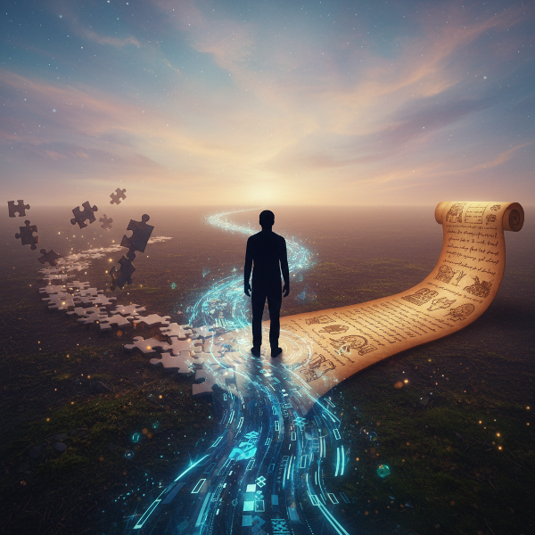 דמות עומדת בצומת דרכים סוריאליסטי, כשכל דרך מייצגת צורת תפיסה שונה של המציאות: חיבור נקודות, חיפוש חוקיות או סיפור רציף.