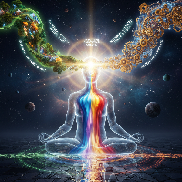 דמות אדם עומדת בצומת שלושה מקורות אנרגיה: גירויים חיצוניים, תהליכים לוגיים פנימיים ואינטואיציה רגשית, עם אור הבוקע מראשה.