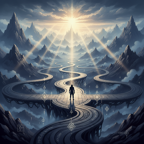 אדם עומד בצומת דרכים עם שבילים מתפתלים המובילים להרים מעורפלים, המסמל את האתגרים והבחירות הבלתי צפויות של החיים. אור רך חודר דרך העננים, מייצג תקווה וחוסן פנימי.