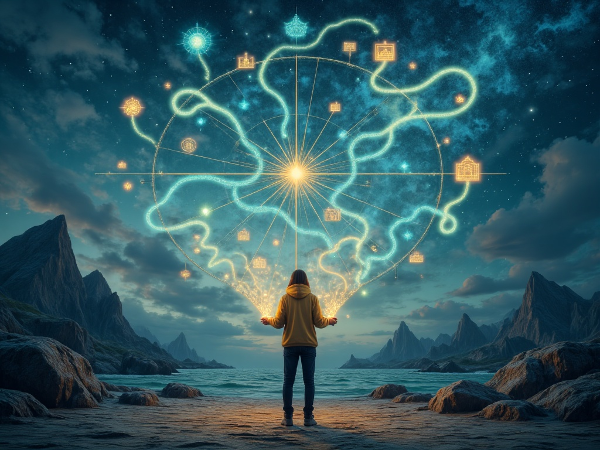 אדם עומד בצומת דרכים בנוף סוריאליסטי, אוחז מצפן זוהר שמקרין מפה הולוגרפית של שבילים מתפתלים באוויר.