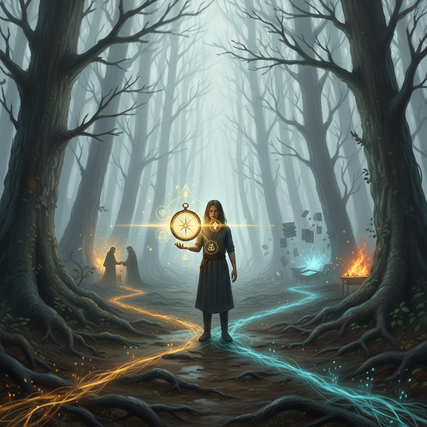 אדם עומד בצומת דרכים ביער מעורפל, מביט במצפן זוהר מרחף על כף ידו. המצפן מצביע לא על צפון אלא על סמלים מופשטים המייצגים ערכים פנימיים. שבילי אור אמורפיים מתפצלים אל הערפל, מסמלים בחירות חיים המודרכות על ידי מערכת ניווט פנימית וייחודית.