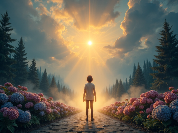 אדם עומד בצומת דרכים סמלית בנוף, כשבידו שאלון מאיר. דרך אחת מובילה לעמק שטוף שמש ופורח, והשנייה ליער אפלולי וערפילי. התמונה מייצגת את הבחירה בין פרספקטיבה אופטימית לפסימית.