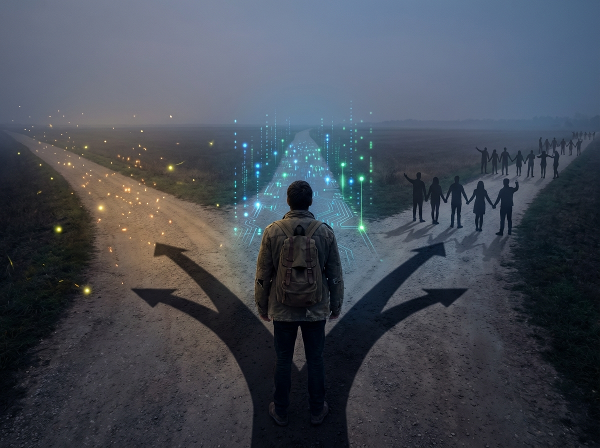 אדם עומד בצומת דרכים עם שלוש דרכים שונות, כל אחת מייצגת סגנון קבלת החלטות אחר: אינסטינקטיבי, אנליטי ותלותי.