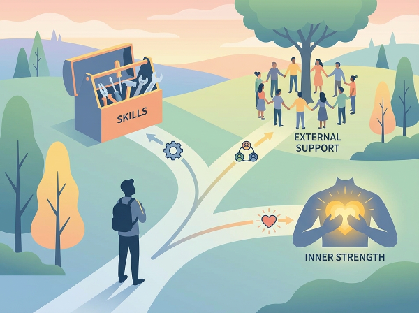 איור של אדם העומד בצומת דרכים סמלית, כשברקע כלים, קהילה תומכת ואור פנימי, הממחיש את מיפוי המשאבים הפנימיים והחיצוניים.