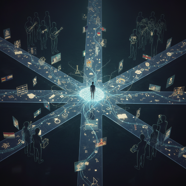 דמות עומדת בצומת שבילים שקופים המלאים בסמלים תרבותיים, איוני חינוך וזיכרונות אישיים. השבילים מתכנסים למפת מוח זוהרת של קשרים חברתיים.