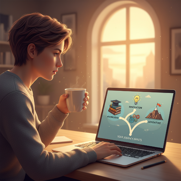 אדם חושב מול מחשב, המראה נתיבים שונים של קריירה ולמידה על המסך, באור מעורר השראה.