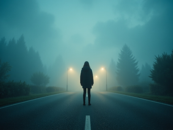 אדם עומד בצומת דרכים מעורפלת, המסמלת את חוסר הוודאות בחיים. הדרכים השונות נעלמות בערפל, והאור הרך מאיר רק חלק מהאפשרויות.