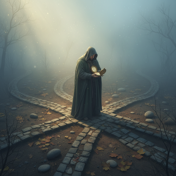 אדם עומד בצומת דרכים מעורפלת, אוחז במצפן ומתבונן בדרכים המתמזגות לערפל, המסמלות את אי-הוודאות והבחירה בחיים.