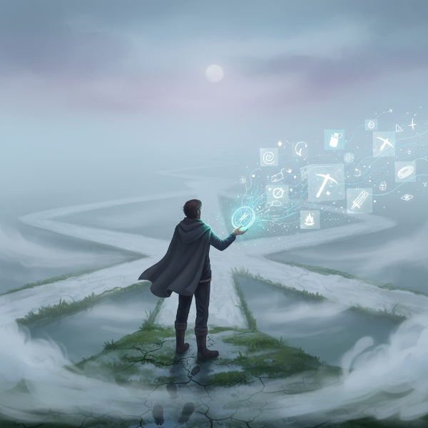 אדם עומד בצומת דרכים מעורפלת, אוחז במצפן זוהר שמקרין נתונים, סמלים וכלים על הערפל, הממחיש את ההתמודדות עם אי-ודאות.