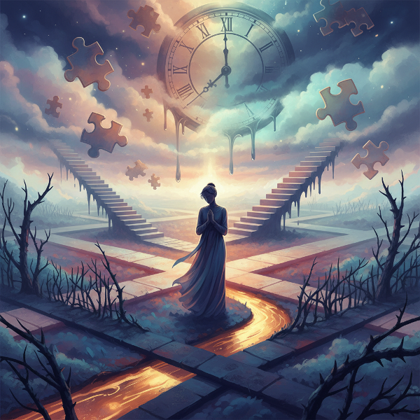 אדם עומד בצומת דרכים בלתי צפויה, מוקף באלמנטים סוריאליסטיים כמו שבילי ערפל ושעון נמס, המייצגים את האתגר של התמודדות עם שינויים ואי-ודאות.