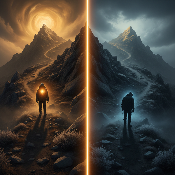 תמונה סימבולית של אדם מטפס בנחישות בשביל הר תלול לעבר פסגה זוהרת, בעוד אדם אחר מהסס בתחתית. המטפס המונע מבפנים מואר באור חם מפנים.