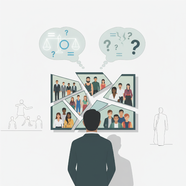 אדם מביט במראה מפוצלת המשקפת קבוצות חברתיות שונות, עם בועות מחשבה המכילות סמלי שוויון וסימני שאלה, בסגנון מינימליסטי עם תאורה רכה
