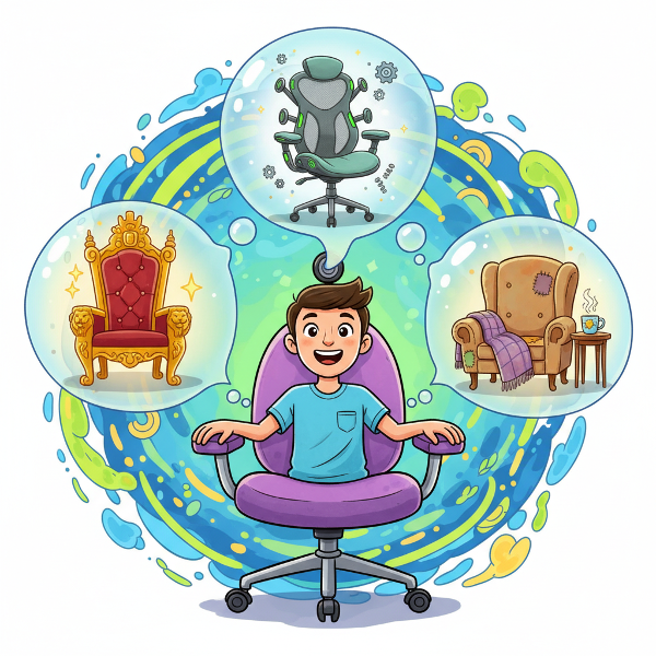 איור קליל של אדם המתמזג עם כיסא משרדי, מוקף בבועות מחשבה המציגות כיסאות עם אישיות שונה.