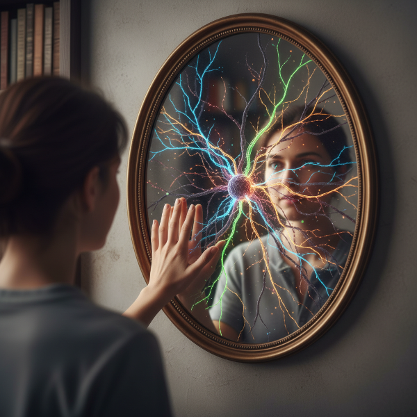 אדם מביט במראה המשקפת רשת מורכבת של נתיבים עצביים והרגלים זוהרים, חלקם בריאים וחלקם שבורים, כשהוא מושיט יד לעצב את הדפוסים.