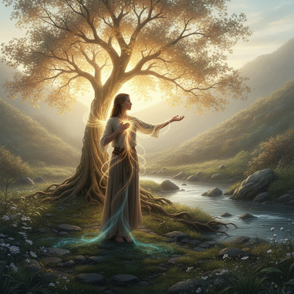 אדם עומד בנוף טבעי שליו, יד אחת על הלב ויד שנייה מושטת לעבר עץ זוהר, עם אור רך המחבר בין גופו לסביבה, מסמל את הגוף כמקור לתמיכה רגשית וחוסן.