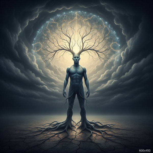דימוי סמלי של חוסן נפשי: אדם עומד איתן בתוך ענני סערה מסתחררים, עם שורשים כמו עץ הנאחזים באדמה וענפים כמו נוירונים היוצרים רשת מגוננת וזוהרת מעל. אור רך חודר דרך העננים ומאיר פנים רגועות ונחושות.