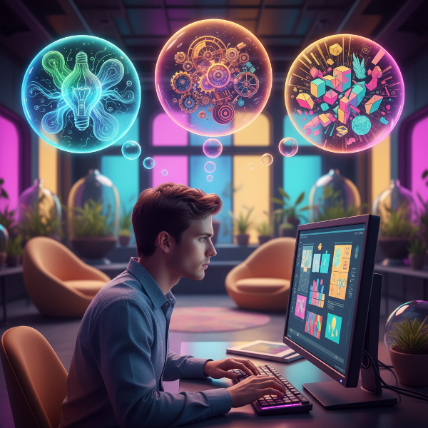 אדם יושב מול מחשב עם בועות מחשבה מעל ראשו המכילות נורות, גלגלי שיניים וצורות ייחודיות, המייצגות זרימה, גמישות ומקוריות. צבעים בהירים ומעוררי השראה.