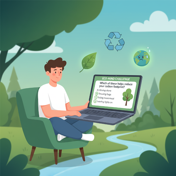 תמונה של אדם העונה על מבחן מקוון בנושא קשר לסביבה, עם אלמנטים סמליים של טבע, מיחזור ודאגה לכדור הארץ ברקע.