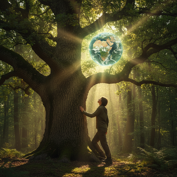 אדם נוגע בעץ ביער, מביט בכדור הארץ בריא הצף בין העלים, אור שמש חודר דרך הצמרת, המחיש את הקשר הרגשי עם הטבע.
