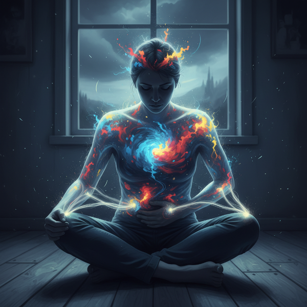 דמות אדם יושבת בתנוחה מהורהרת, עם צללית אנושית שקופה המראה סערת רגשות פנימית של חרדה ולחץ, בעוד הגוף הפיזי מראה מתח בכתפיים ויד על הבטן. אור רך ועדין מחבר בין הראש והלב לאזורי הגוף הכואבים.