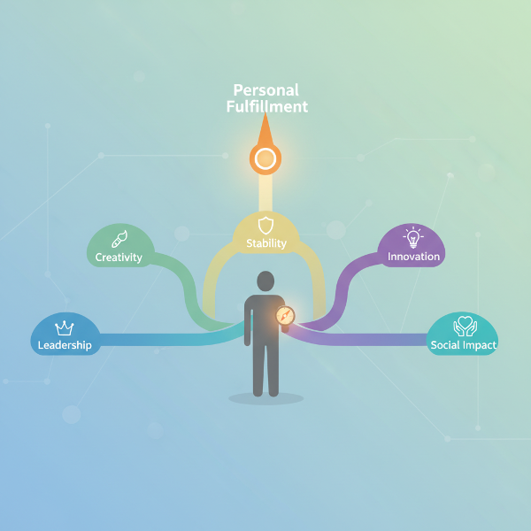 תמונה הממחישה מבחן מיפוי קריירה, המציגה אדם בצומת דרכים עם נתיבים שונים המייצגים ערכים מקצועיים, כשהוא אוחז במצפן המכוון לסיפוק אישי.