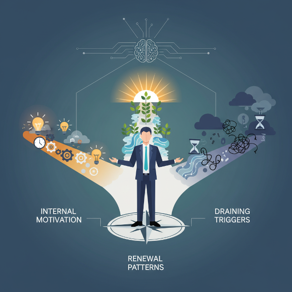 איור סמלי של אדם בצומת דרכים עם שלושה נתיבים המייצגים מקורות הנעה, גורמי שחיקה ודפוסי התחדשות בעולם העבודה.