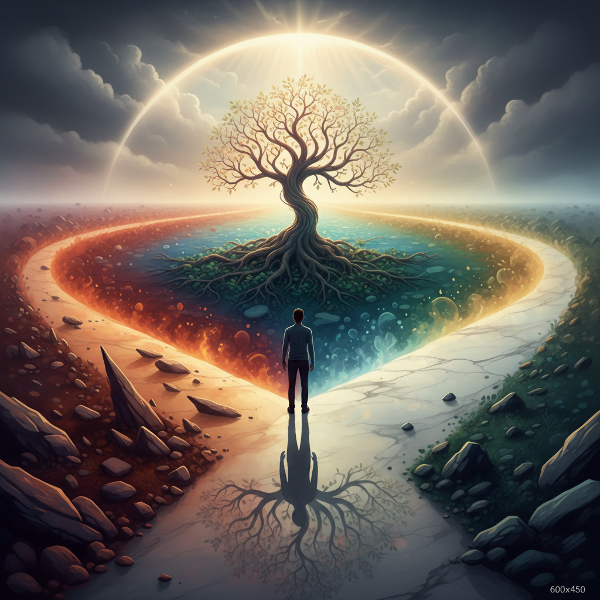 תמונה סימבולית של אדם בצומת דרכים, המייצגת את מסע ההסתגלות והצמיחה מתוך אתגרים. הדרכים השונות והאור מסמלים את הגמישות הנפשית והיכולת למצוא הזדמנויות בשינוי.
