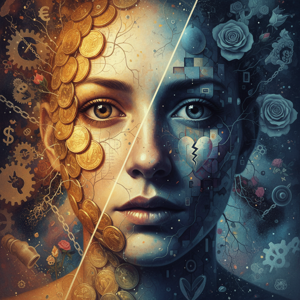 דימוי סוריאליסטי של פנים אנושיות המוארות מטבעות זהב ומוצלות על ידי דפוסים רגשיים מופשטים, הממחיש את הקשר הפסיכולוגי העמוק בין כסף לרגש.